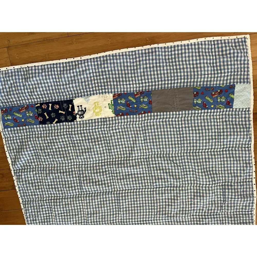 Handmade Unisex Cotton Quilted Blanket Blue Graham Dog Robots Cars Very Soft Kid